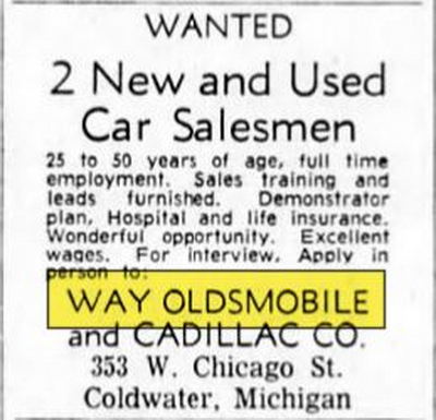 Way Oldsmobile and Cadillac - Mar 1964 Help Wanted Ad (newer photo)